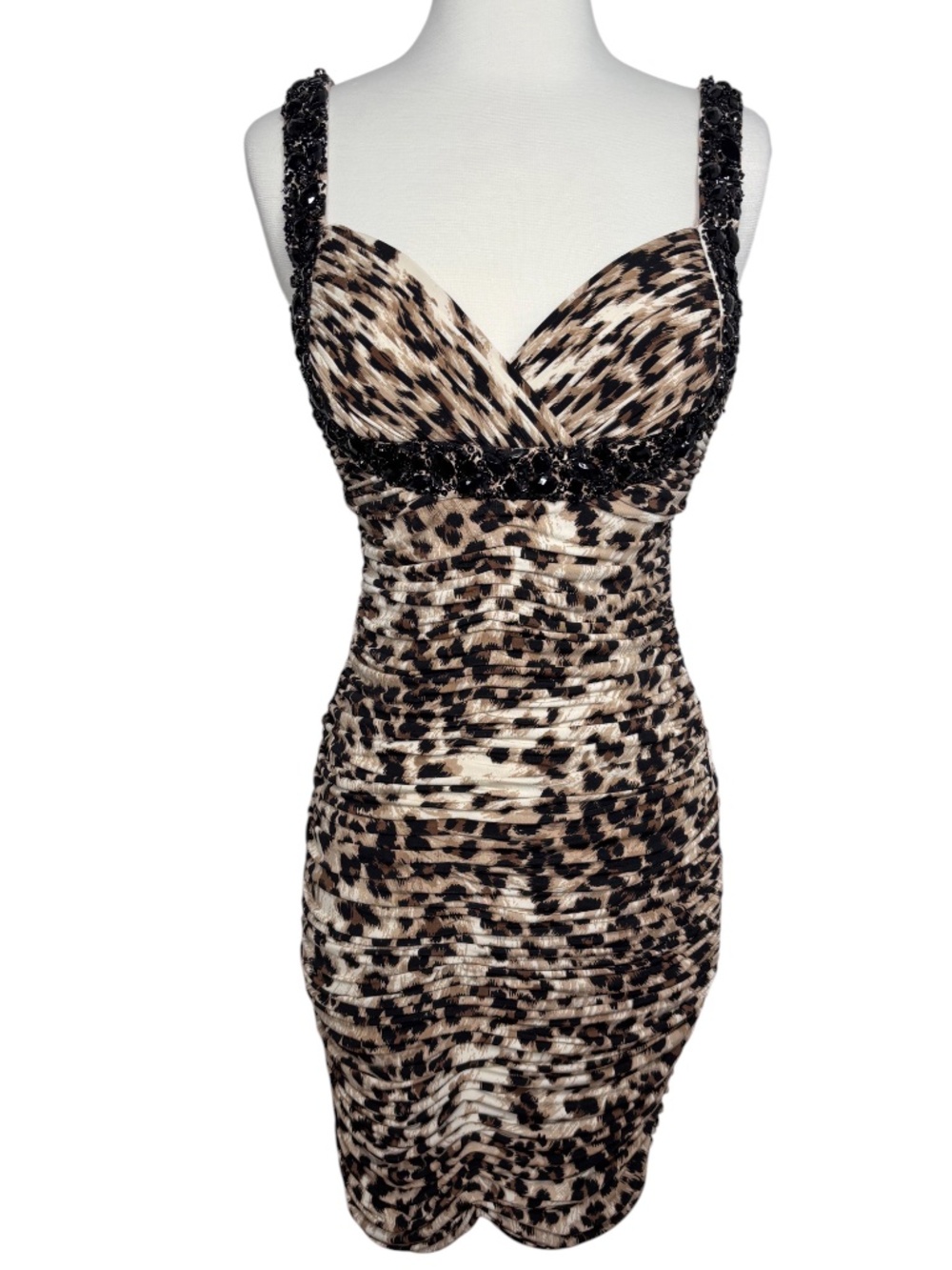 Cache Animal Leopard Print Bodycon Ruched Rhinestones Black Brown Dress Size 4